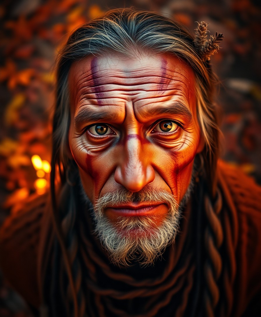 AI generated art for prompt: A photorealistic portrait photograph reveals an enigmatic Native American shaman with piercing amber