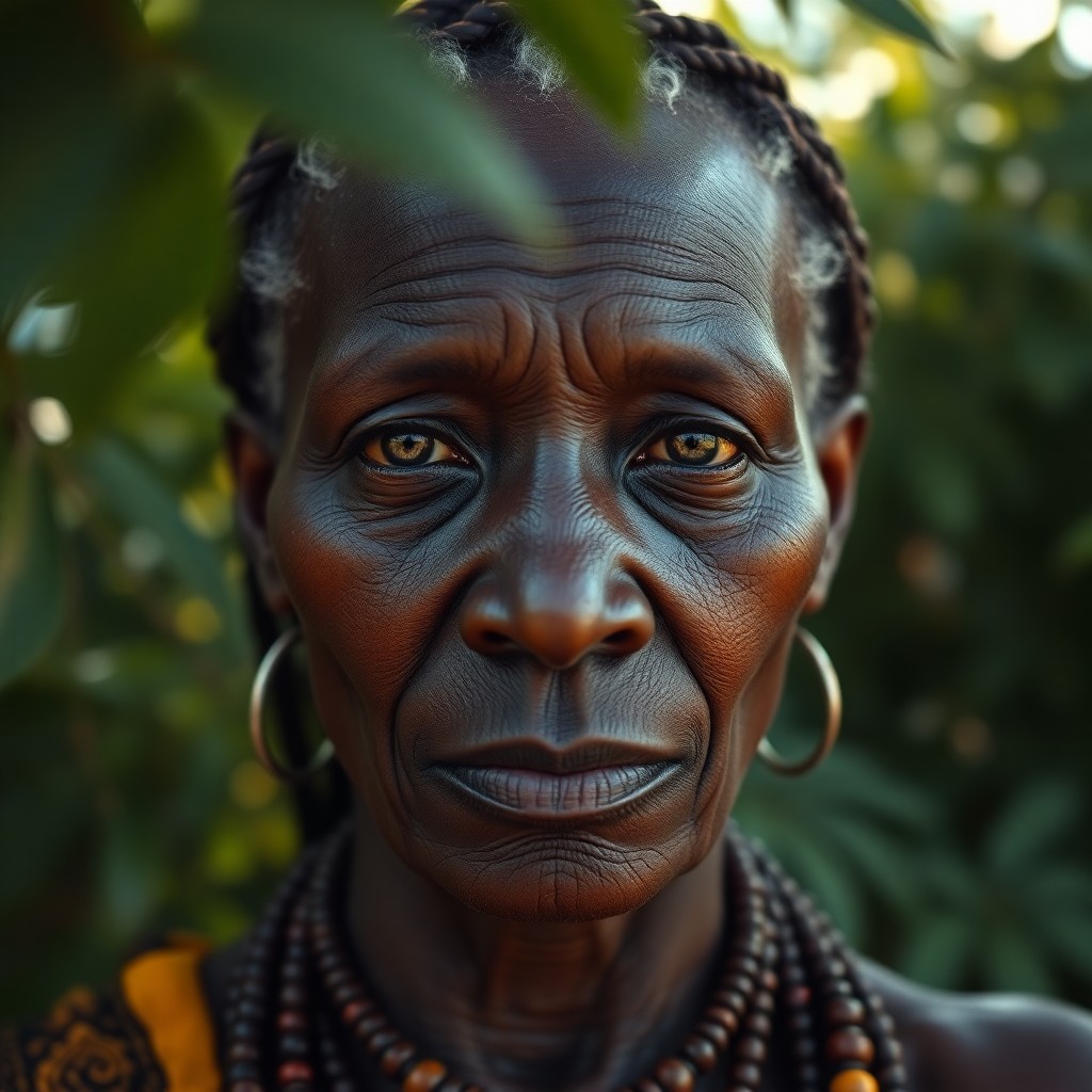 AI generated art for prompt: Craft a hyperrealistic portrait of an African elder with smooth, dark skin and deep, wise eyes, thei