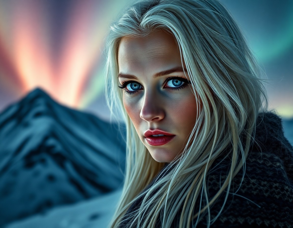 AI generated art for prompt: A portrait photograph showcases a European woman with piercing blue eyes and flowing platinum hair, 