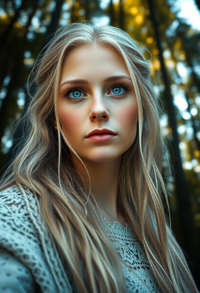 AI generated art for prompt: Craft a hyper-realistic portrait photograph of a Slavic woman with captivating icy blue eyes and lon