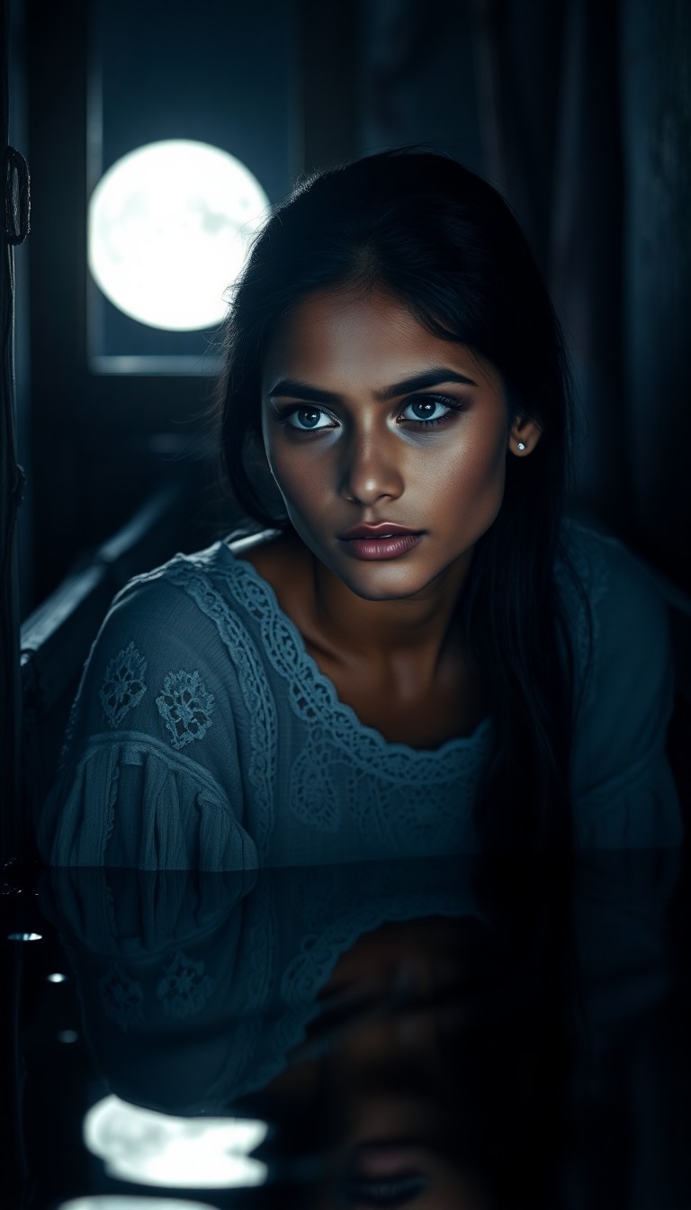 AI generated art for prompt: A portrait photograph captures a South Asian woman's soulful expression with piercing blue eyes, her