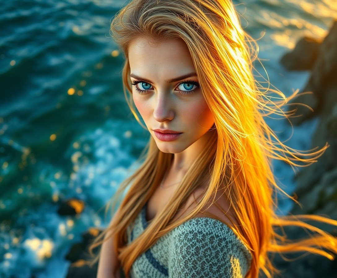 AI generated art for prompt: Craft a hyperrealistic portrait of a Nordic woman with vibrant blue eyes and sun-kissed hair flowing