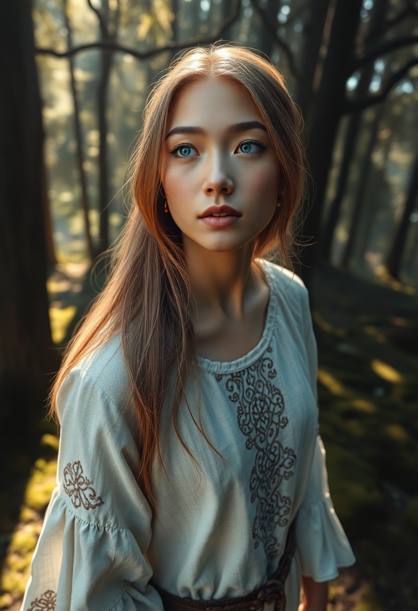 AI generated art for prompt: Envision a photorealistic portrait of an East Asian woman with striking blue eyes and waist-length g