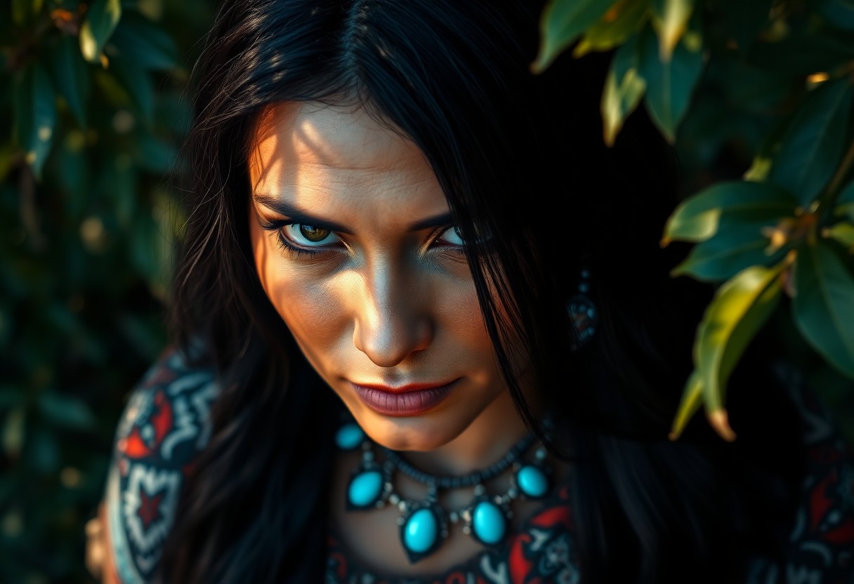 AI generated art for prompt: Envision a captivating photorealistic portrait of an enigmatic Native American woman with deep, soul