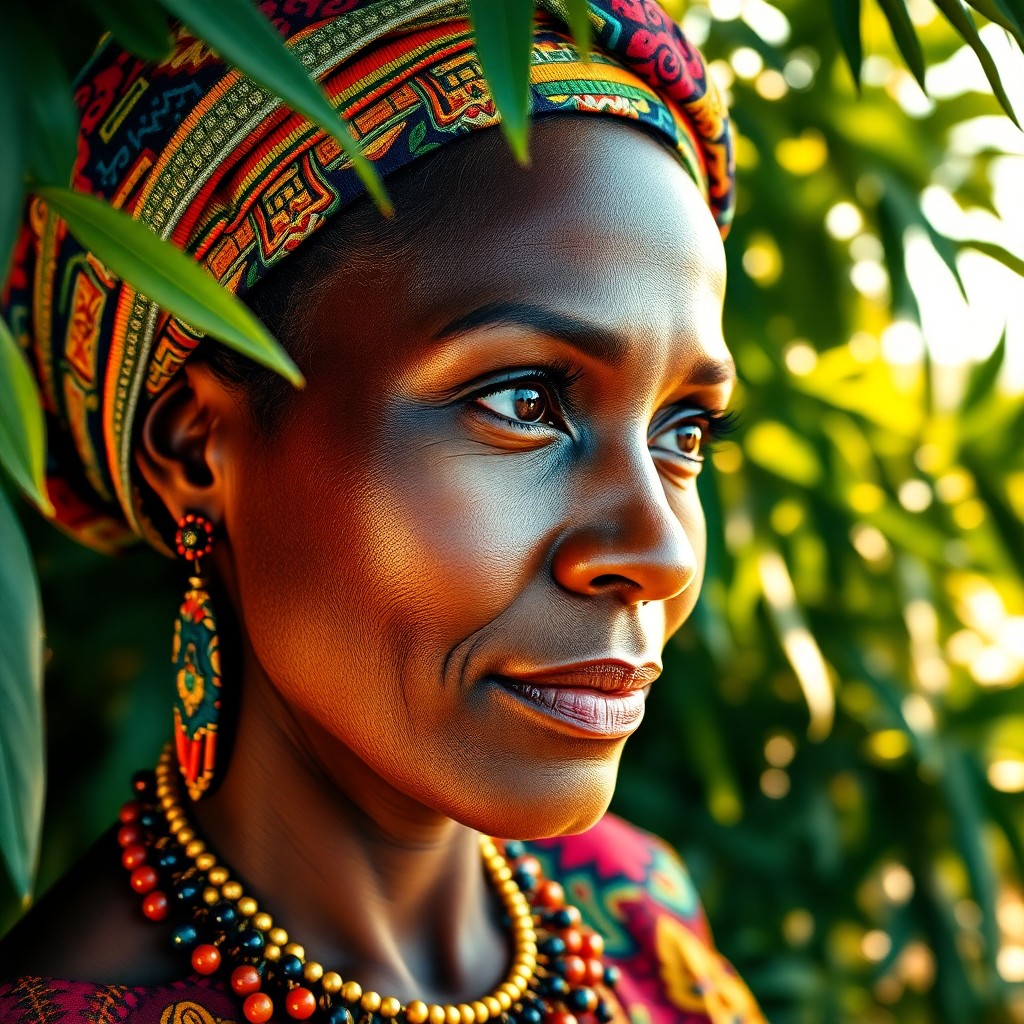 AI generated art for prompt: Craft a photorealistic portrait of an enchanting African woman in her early 40s, adorned with vibran