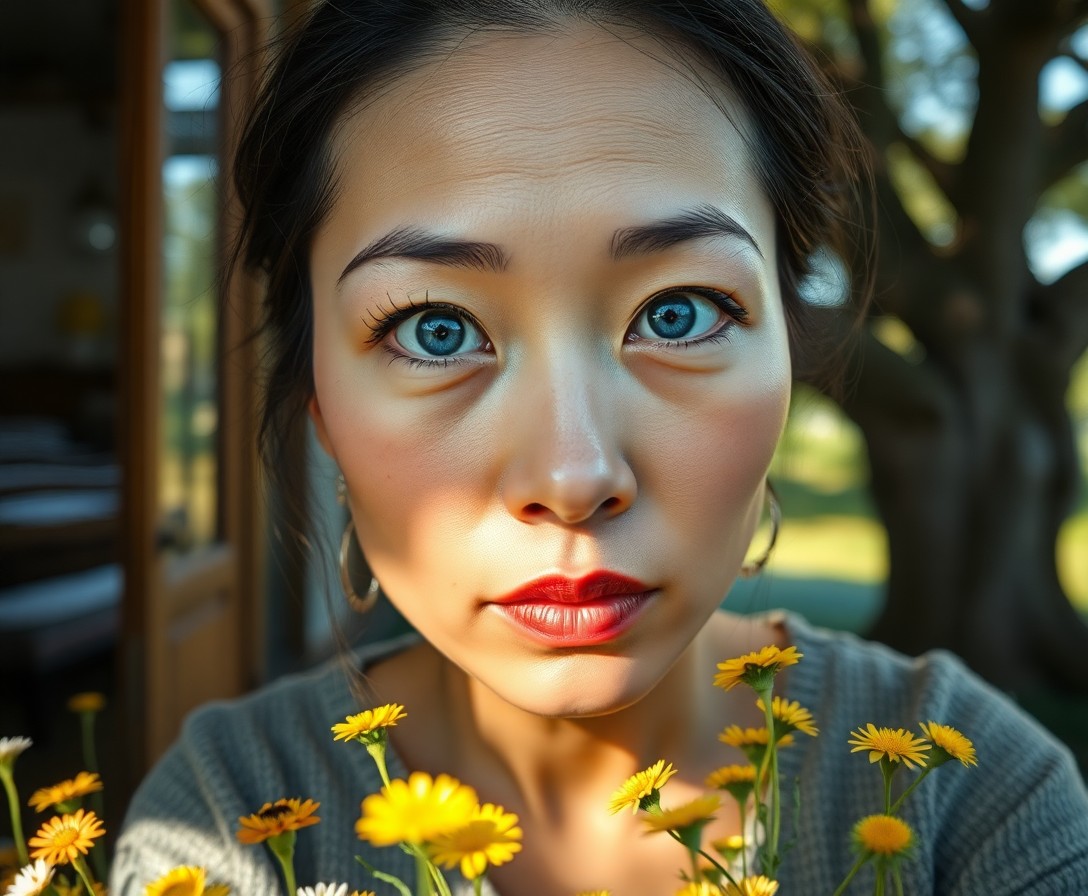 AI generated art for prompt: Craft a portrait photograph showcasing an East Asian woman's introspective gaze, her piercing blue e