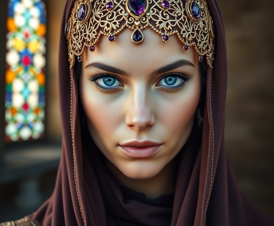 AI generated art for prompt: Imagine a captivating portrait photograph of an enigmatic Middle Eastern woman with striking ice-blu