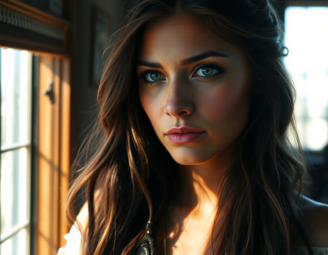 AI generated art for prompt: Craft a photorealistic portrait of an enchanting Native American woman with mesmerizing emerald eyes