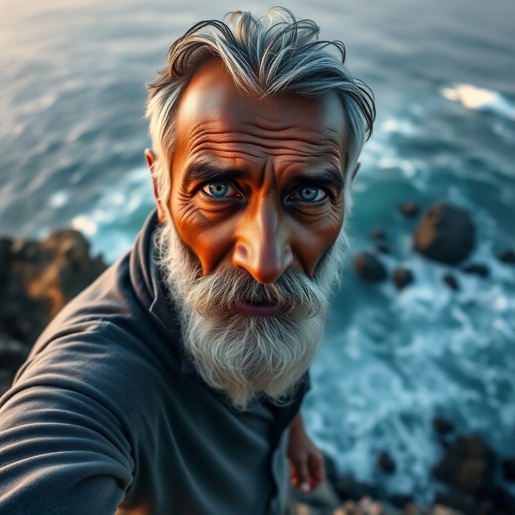 AI generated art for prompt: A mirrorless camera captures a photorealistic portrait of a South Asian fisherman with piercing blue