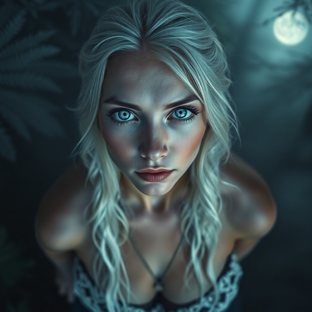 AI generated art for prompt: Captivating portrait of a Native American woman with icy blue eyes and platinum hair, captured by DS