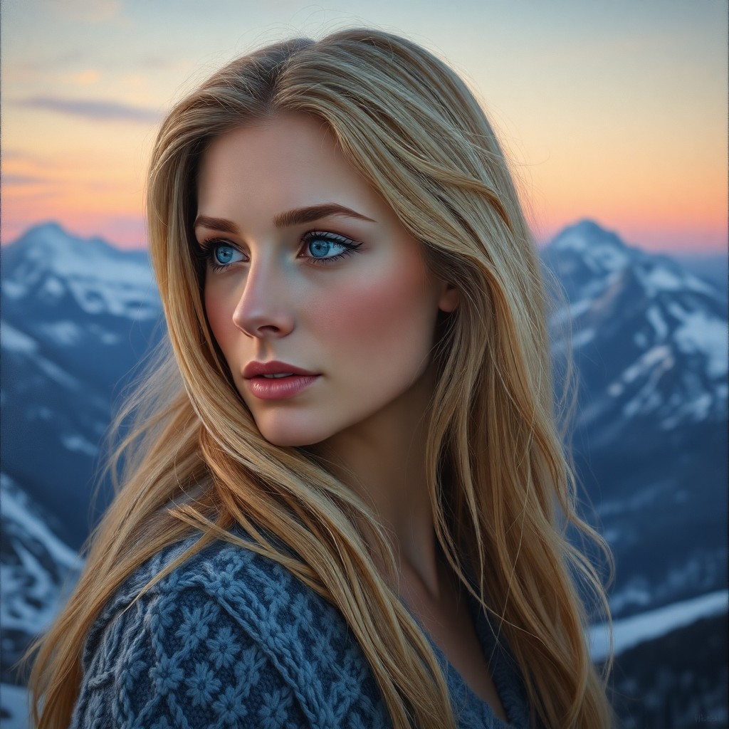 AI generated art for prompt: An ultrarealistic oil painting portrays a Nordic woman with striking beauty and piercing blue eyes. 