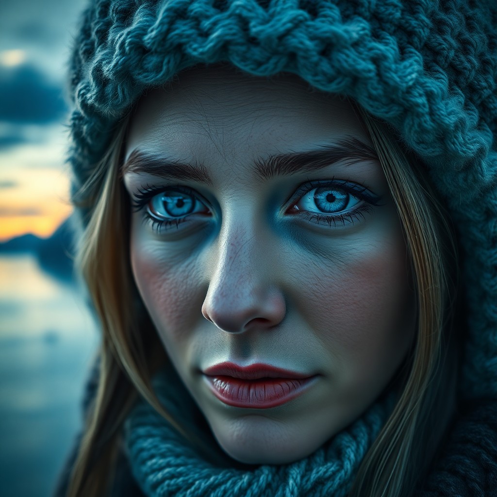 AI generated art for prompt: Envision a portrait capturing the enigmatic essence of a Nordic woman with captivating ice-blue eyes