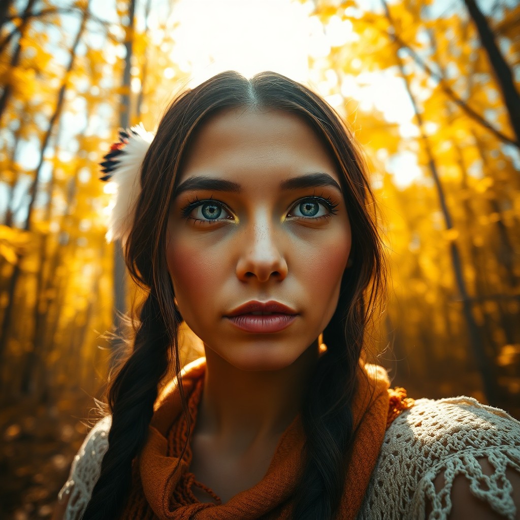 AI generated art for prompt: Envision a captivating photorealistic portrait of a Native American woman in her prime, captured fro