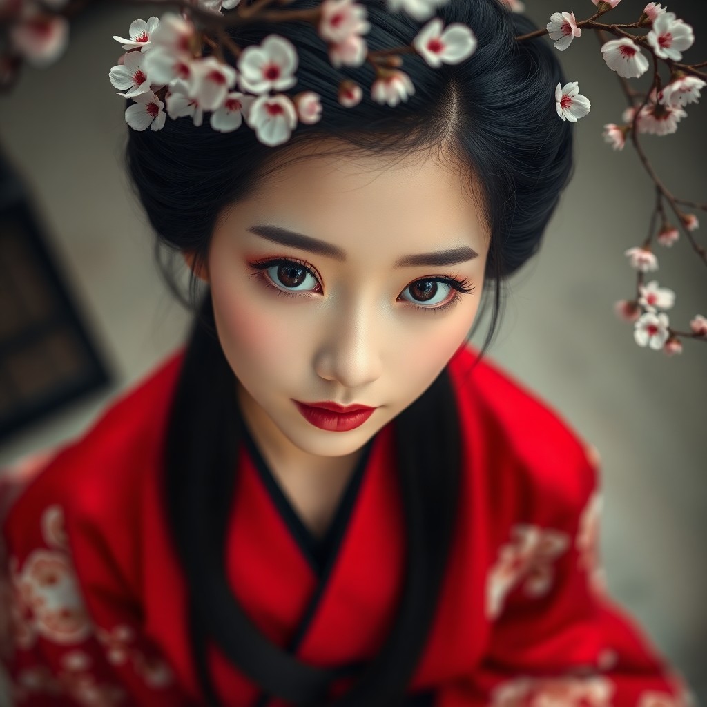 AI generated art for prompt: Craft a photorealistic portrait of an East Asian woman with porcelain skin and captivating dark eyes