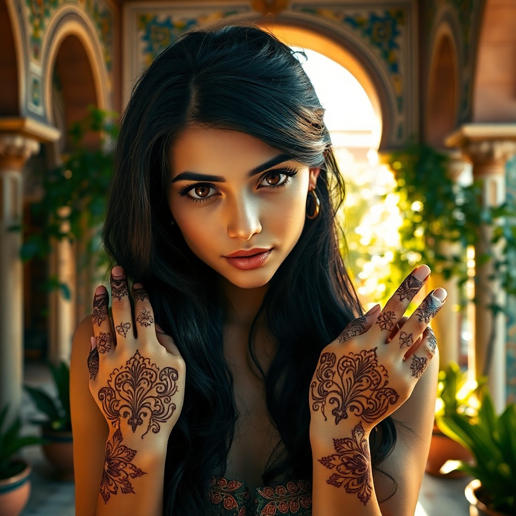 AI generated art for prompt: A film camera captures an enigmatic Middle Eastern woman with captivating dark eyes and lustrous bla