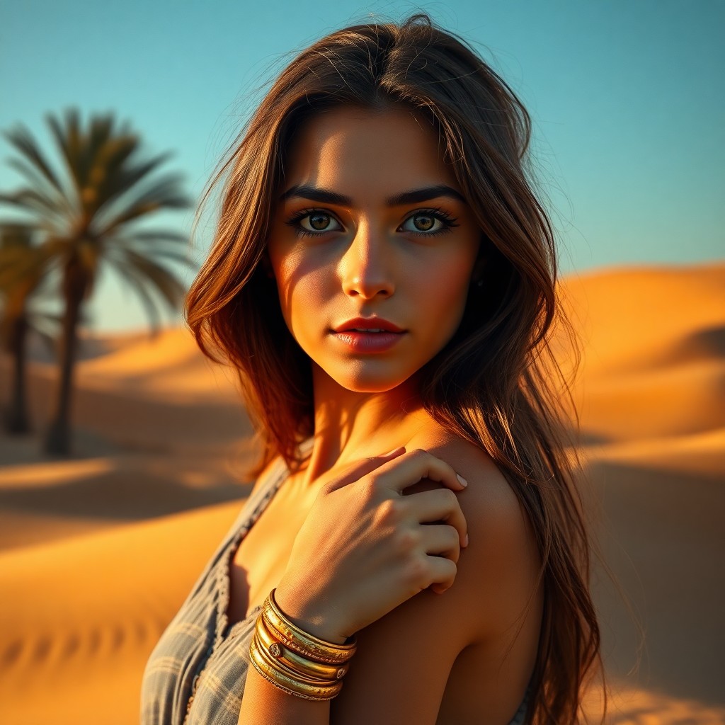 AI generated art for prompt: A portrait photograph captures a young Middle Eastern woman's enigmatic gaze, her captivating hazel 