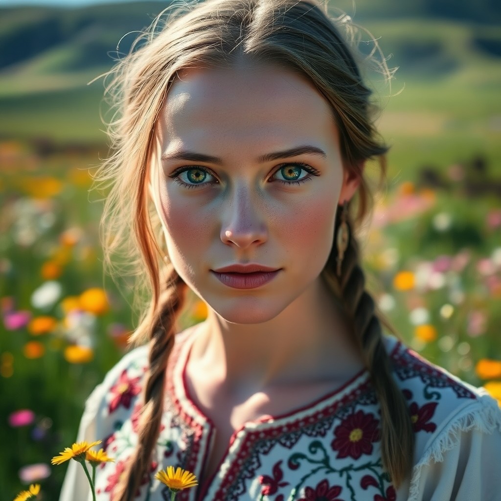 AI generated art for prompt: Imagine a serene portrait captured on an iPhone, showcasing a Nordic woman's fair skin and captivati