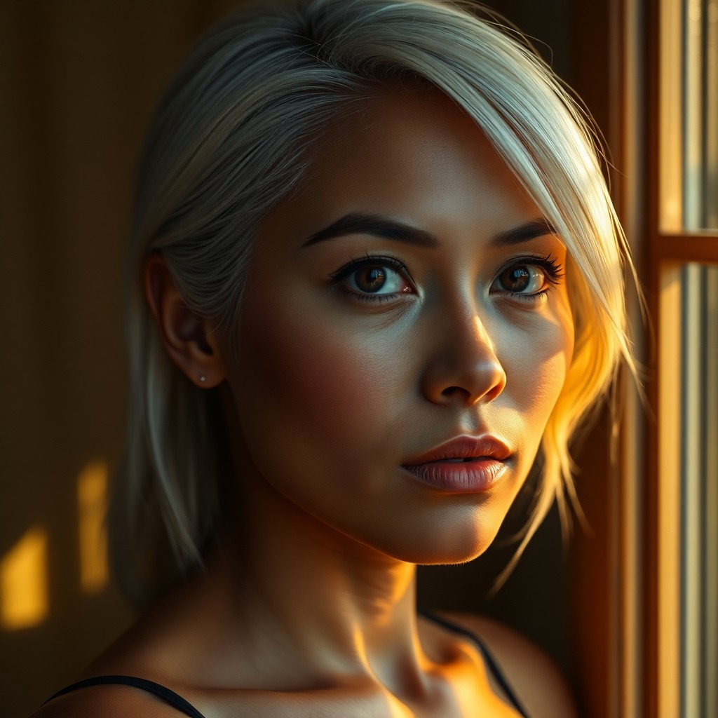 AI generated art for prompt: A portrait photo captures the captivating allure of a Pacific Islander woman with hazel eyes and pla