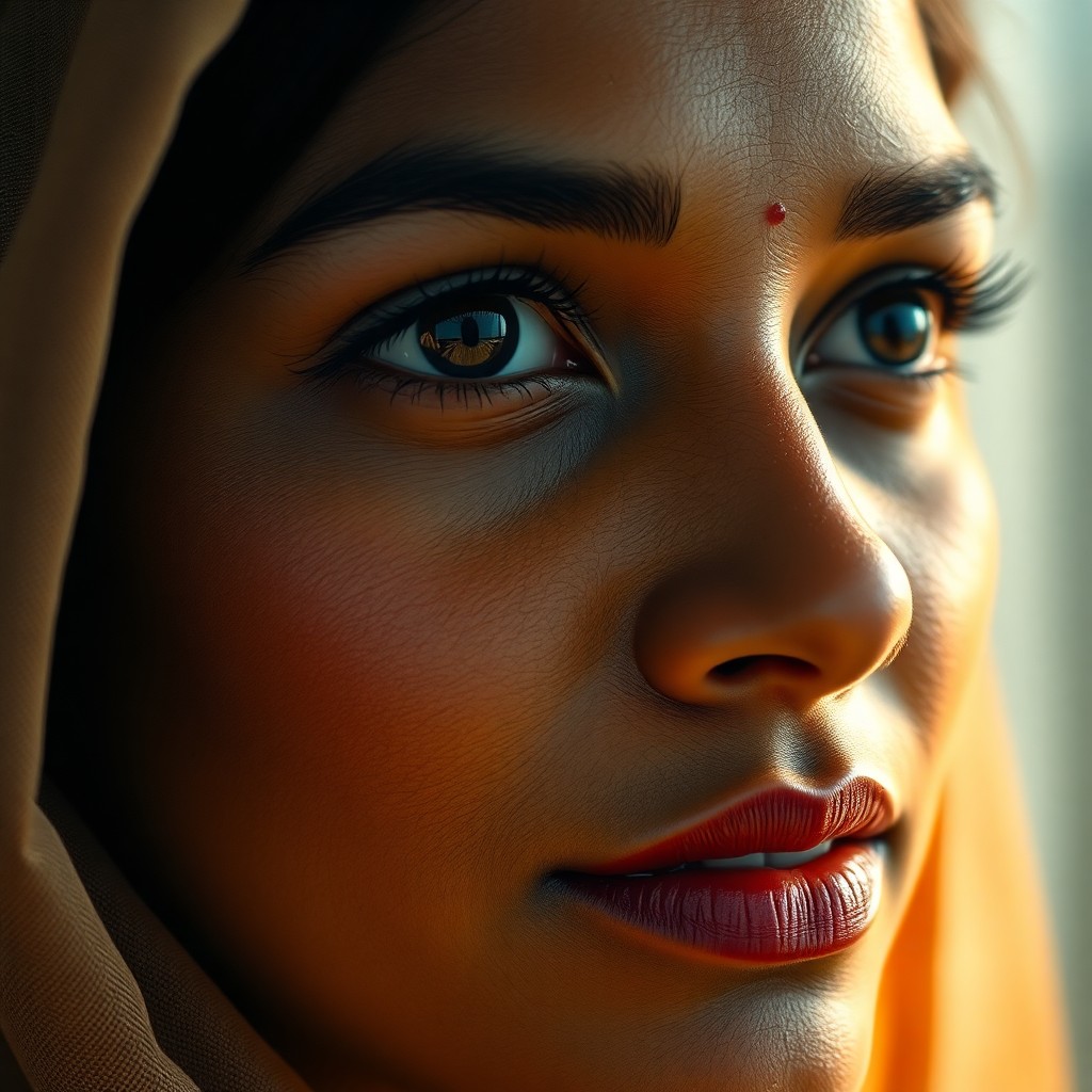 AI generated art for prompt: Visualize a hyperrealistic portrait of an enigmatic South Asian woman with deep brown eyes accentuat