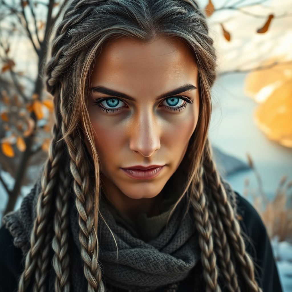 AI generated art for prompt: A photorealistic portrait captures a Middle Eastern woman's stoic expression and piercing blue eyes,