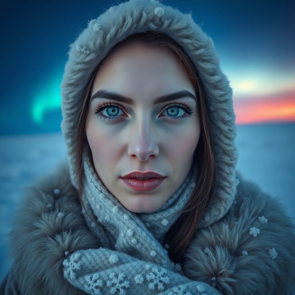 AI generated art for prompt: A photorealistic portrait showcases an enigmatic Middle Eastern woman with pale skin and ice-blue ey