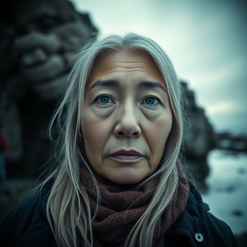 AI generated art for prompt: Craft a photorealistic portrait of an enigmatic middle-aged East Asian woman with striking ice-blue 