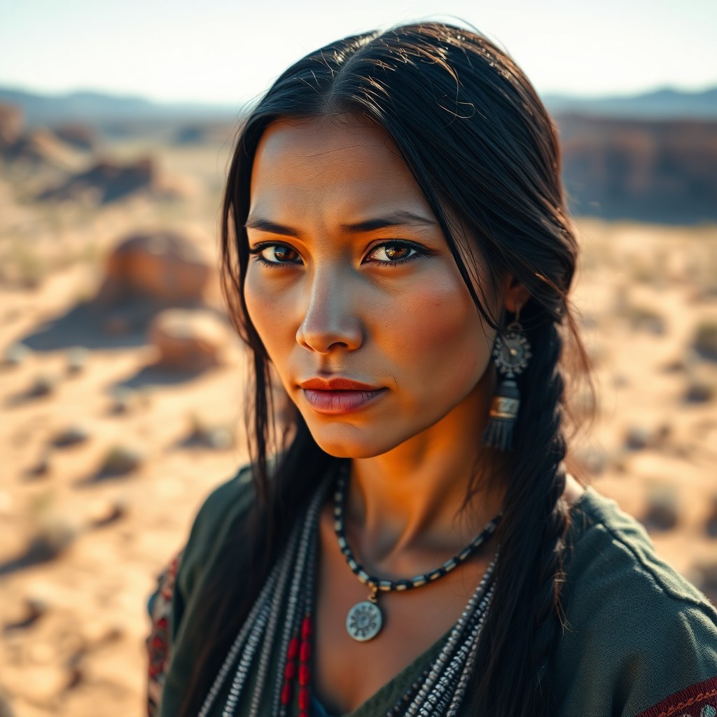 AI generated art for prompt: A photorealistic portrait captures a Native American woman with deep brown eyes and sleek jet-black 