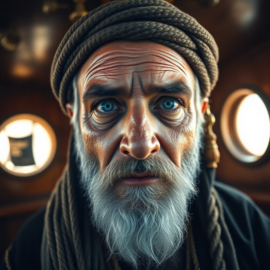 AI generated art for prompt: Envision a photorealistic portrait of a wise Middle Eastern sea captain, captured from an unusual lo