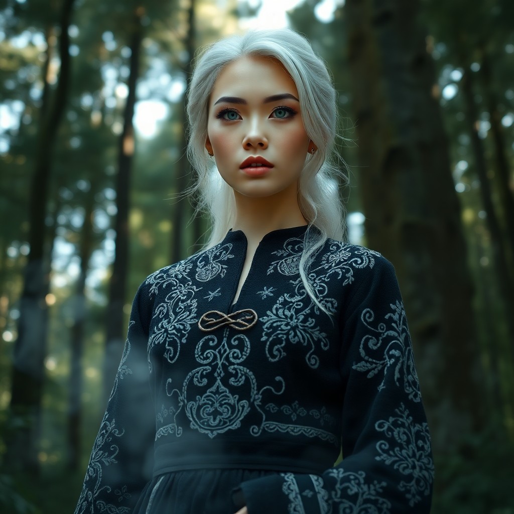 AI generated art for prompt: A captivating portrait of an East Asian woman with ice-blue eyes and platinum blonde hair emerges fr