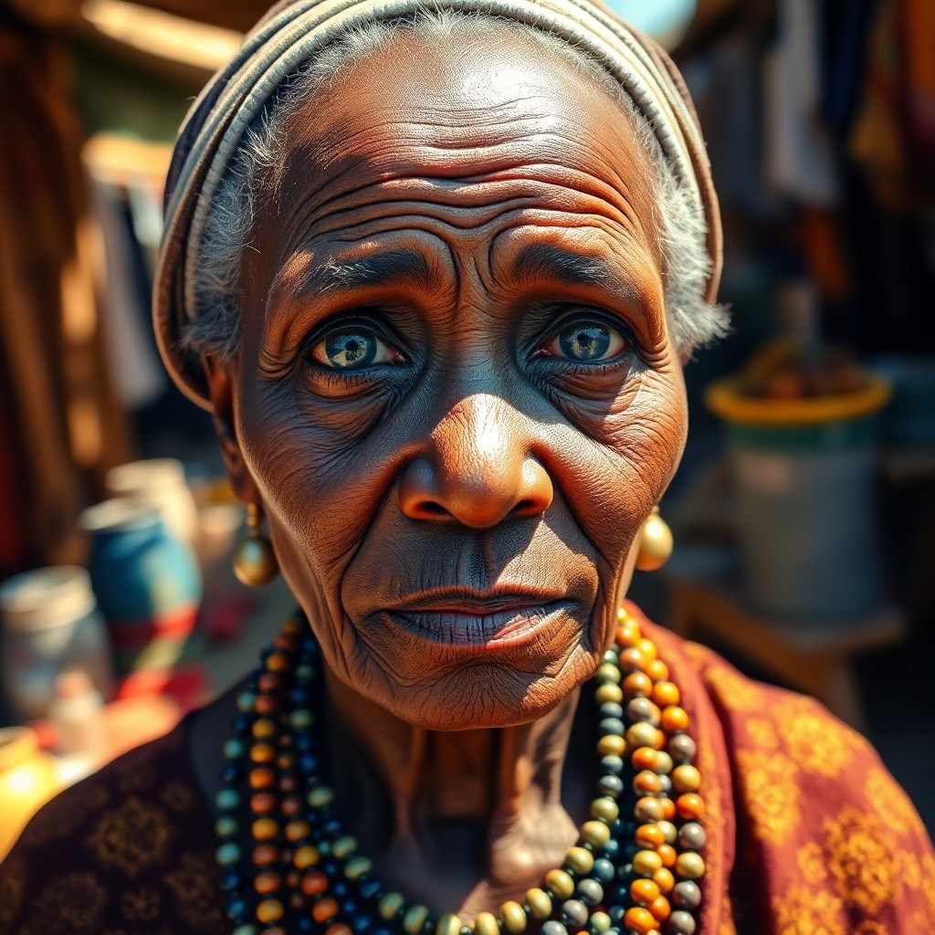 AI generated art for prompt: Envision a photorealistic portrait of an elderly African woman, her serene yet enigmatic expression 