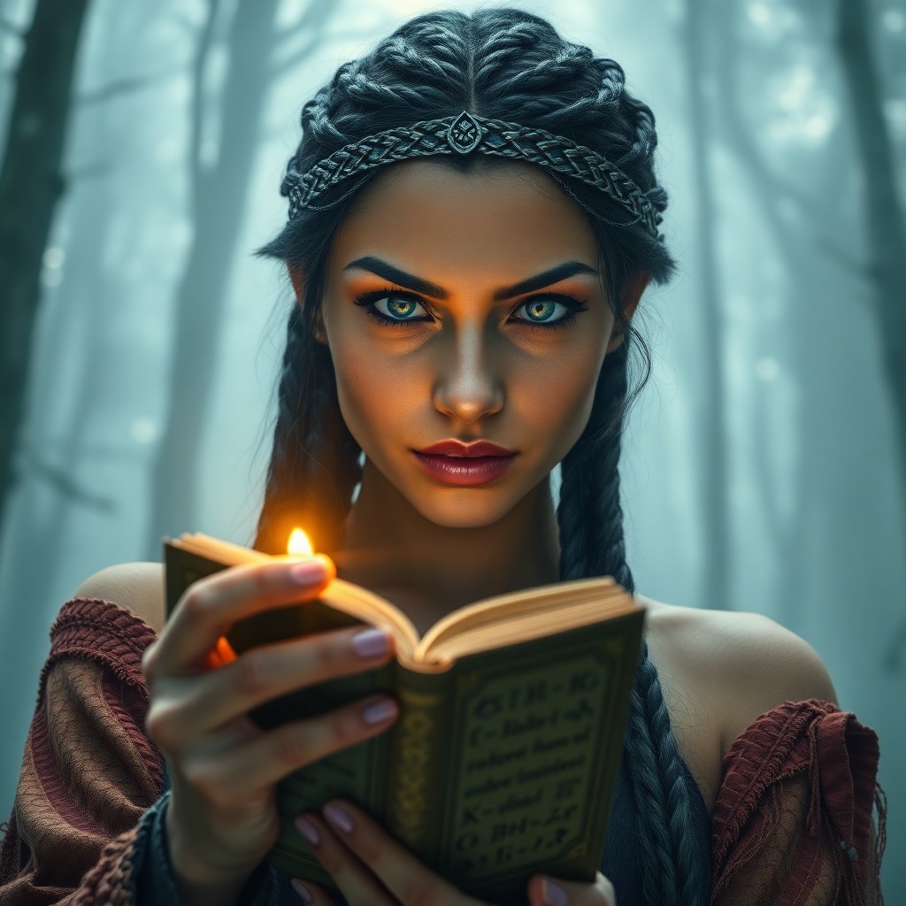 AI generated art for prompt: Craft a hyperrealistic portrait photograph showcasing an enigmatic Native American sorceress with pi