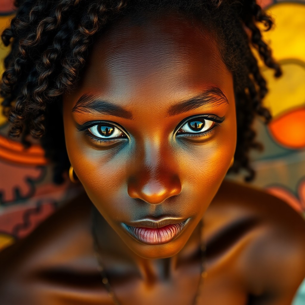 AI generated art for prompt: Imagine a digital camera portrait showcasing an African woman's enigmatic gaze; her smooth dark skin