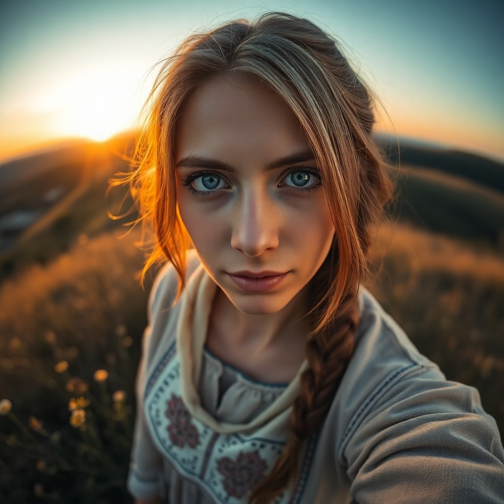 AI generated art for prompt: A photorealistic portrait photograph captures the enigmatic Slavic woman with striking blue eyes and