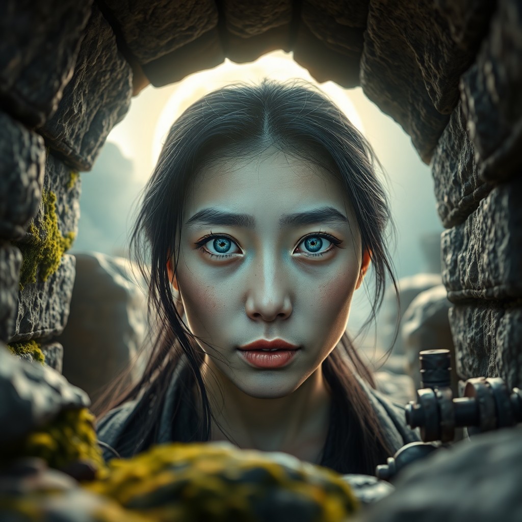 AI generated art for prompt: Engage with a hyperrealistic portrait of an enigmatic East Asian woman, her piercing ice-blue eyes a