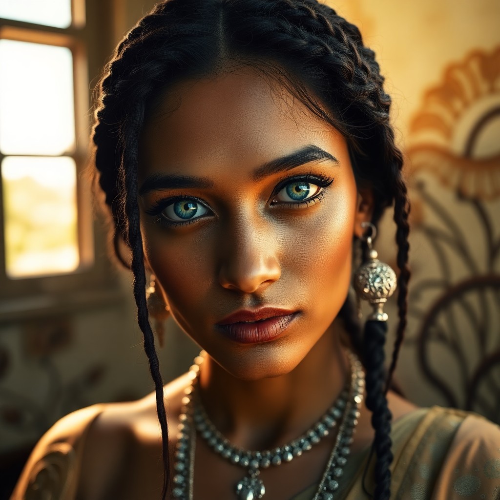 AI generated art for prompt: Depict a hyper-realistic portrait of an enigmatic South Asian woman with striking azure eyes, bathed