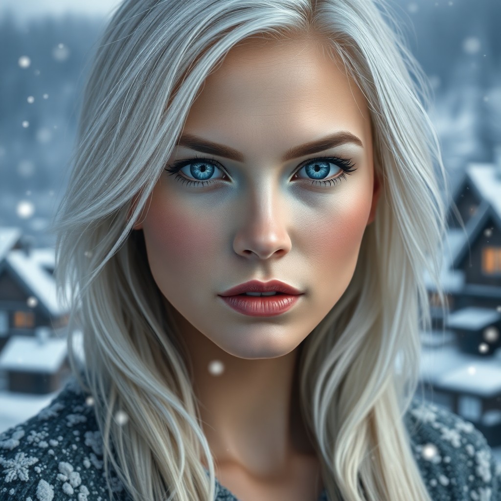 AI generated art for prompt: Craft an ultra-realistic portrait of a Pacific Islander woman with mesmerizing icy blue eyes and cas