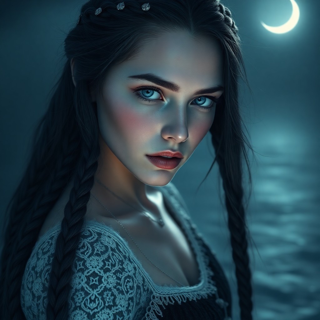 AI generated art for prompt: Craft a photorealistic portrait of an enigmatic Nordic woman with captivating ice-blue eyes and rave