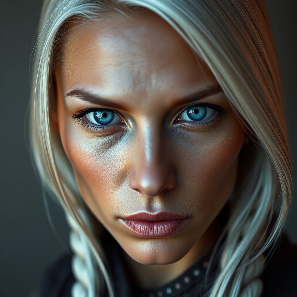 AI generated art for prompt: Visualize a super-realistic portrait of an esteemed Native American woman with striking blue eyes, s