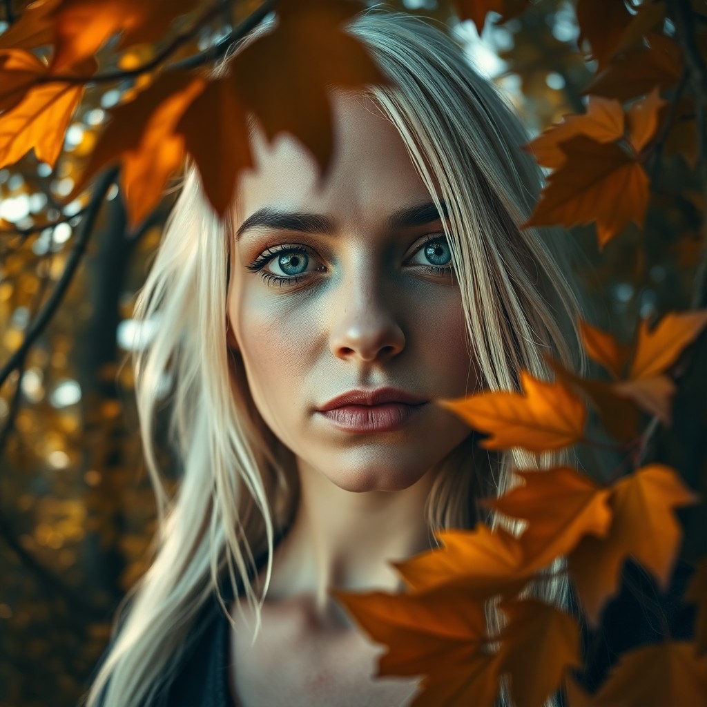 AI generated art for prompt: A portrait photograph captures an enigmatic Middle Eastern woman with piercing blue eyes and platinu