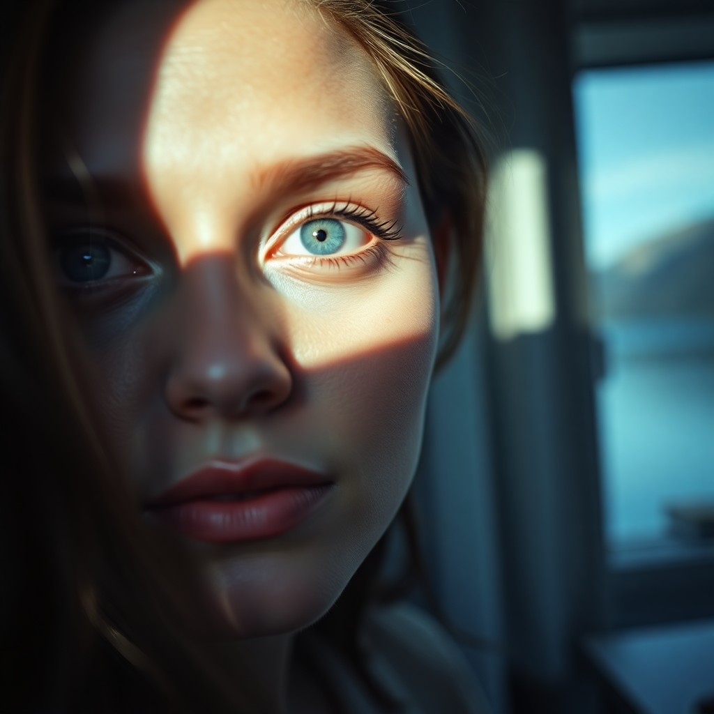 AI generated art for prompt: A portrait photograph showcases a Hispanic woman's serene expression, her piercing blue eyes and del