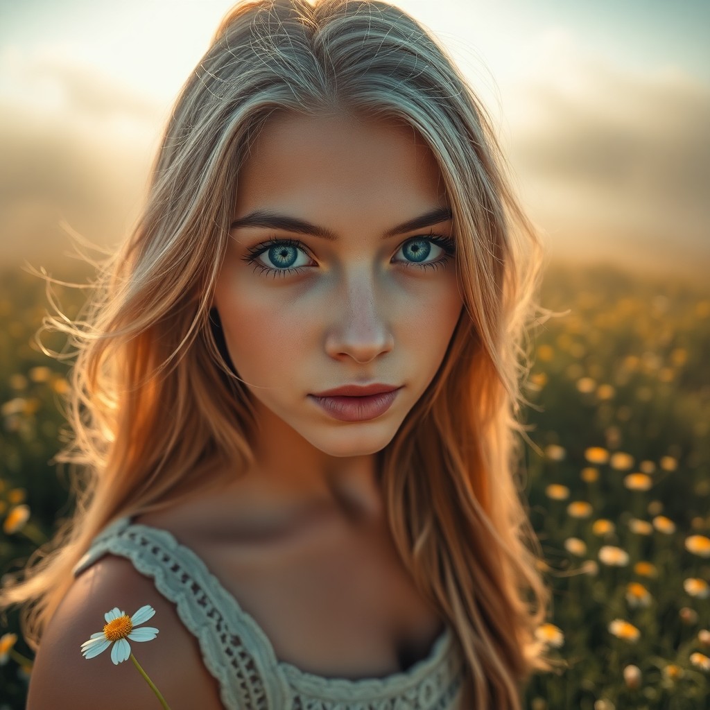 AI generated art for prompt: A captivating portrait of a young Middle Eastern woman with striking blue eyes and long, flowing blo