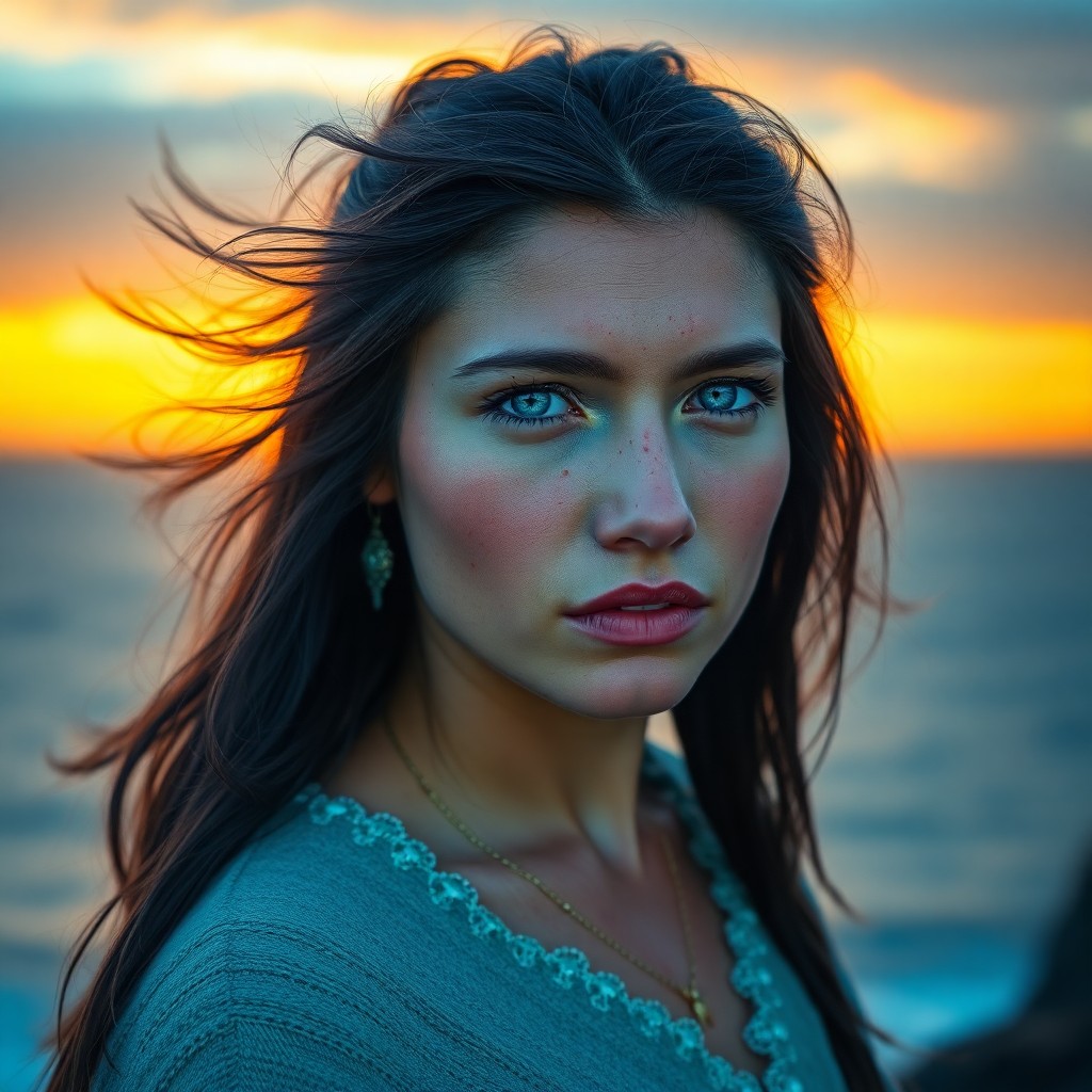 AI generated art for prompt: Depict a photorealistic portrait of a Native American woman with striking icy blue eyes and fair ski