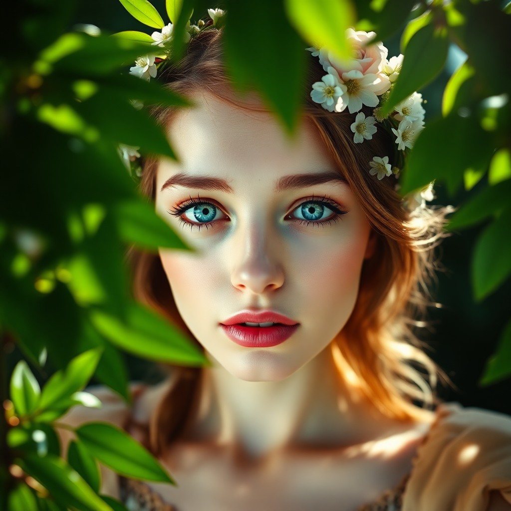 AI generated art for prompt: A serene Eastern European woman with deep blue eyes and delicate floral wreaths in her hair is captu