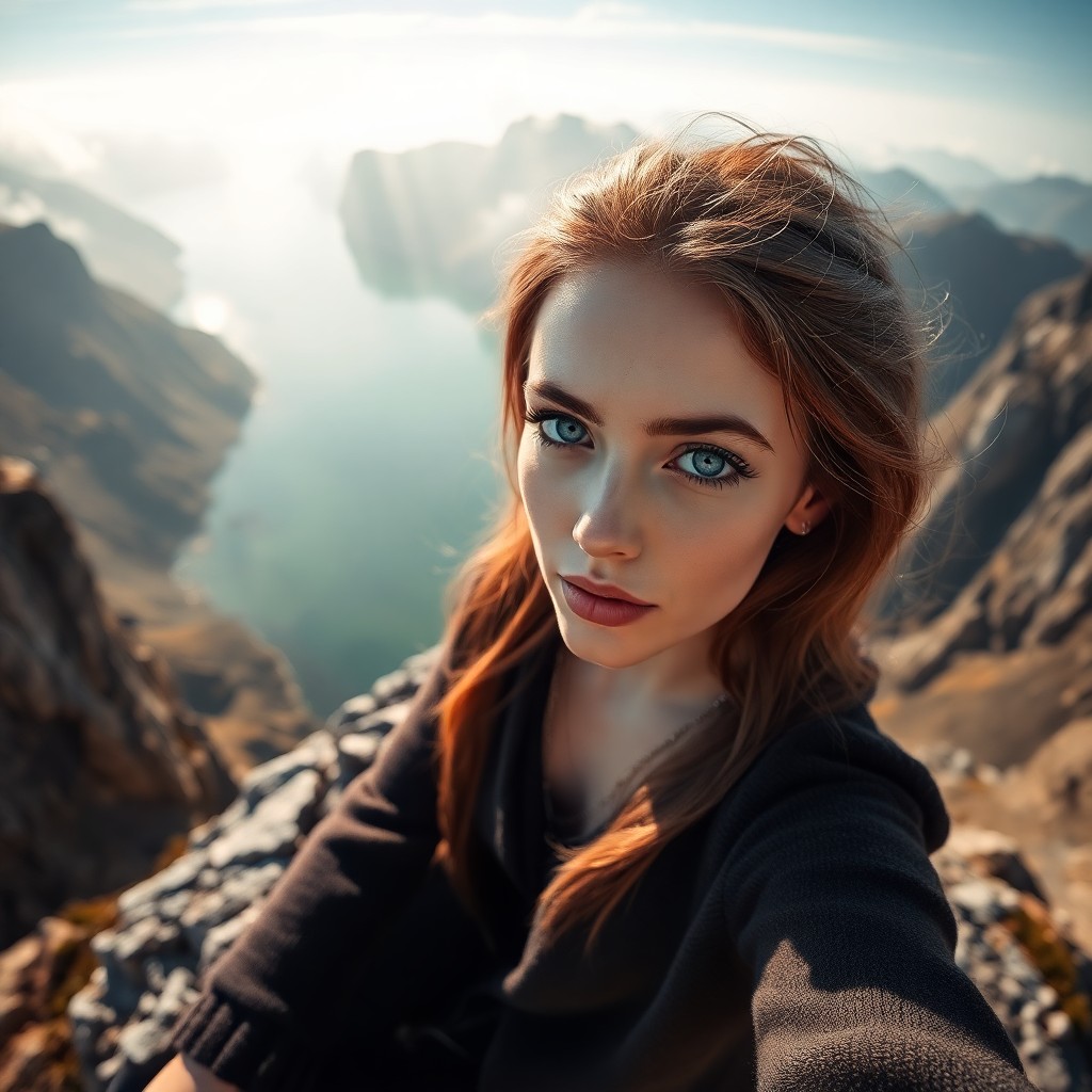 AI generated art for prompt: A captivating Slavic woman with striking ice-blue eyes and porcelain skin sits atop a rocky outcropp