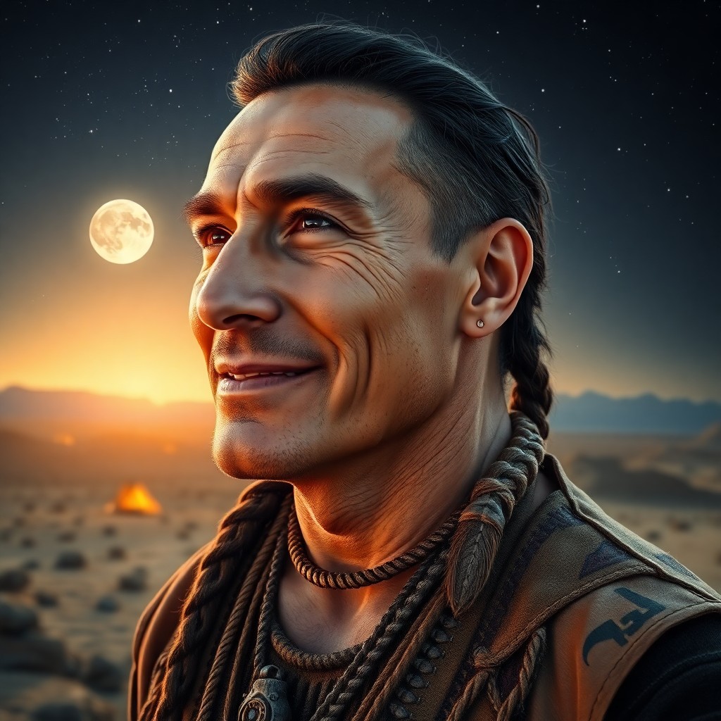 AI generated art for prompt: Craft a hyperrealistic portrait of a charismatic Native American man with intense brown eyes and a w