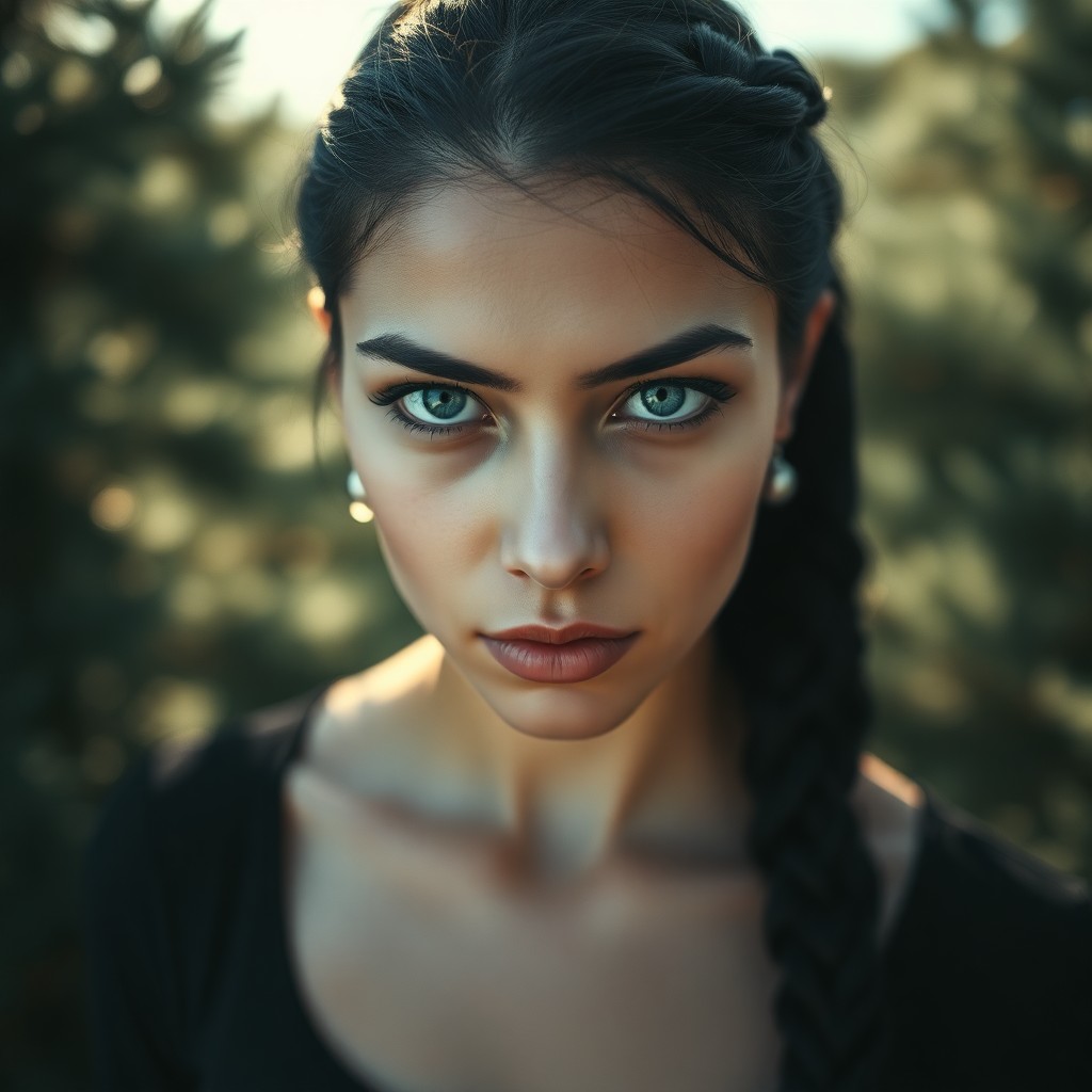 AI generated art for prompt: A film camera captures an enigmatic portrait of a Hispanic woman with striking ice-blue eyes and rav