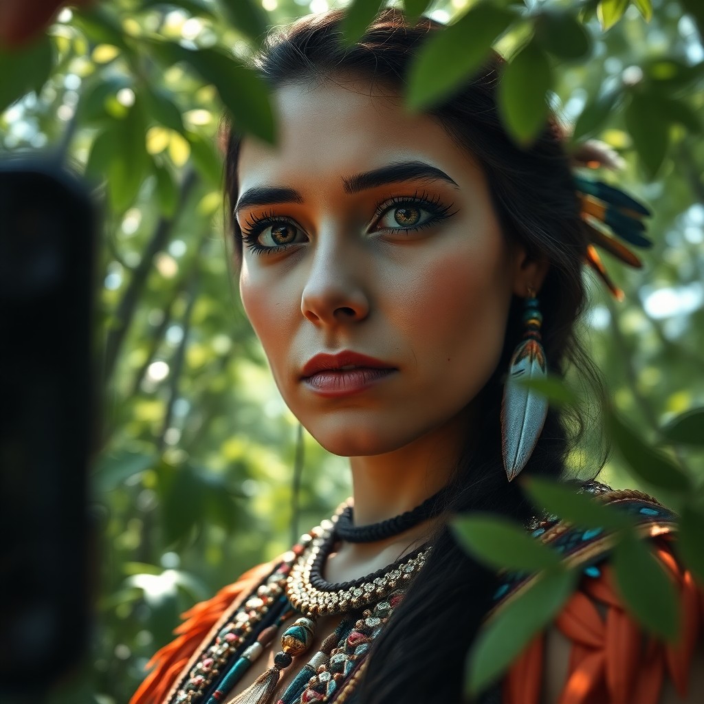 AI generated art for prompt: A smartphone camera captures an enigmatic portrait of a Native American woman with mesmerizing amber