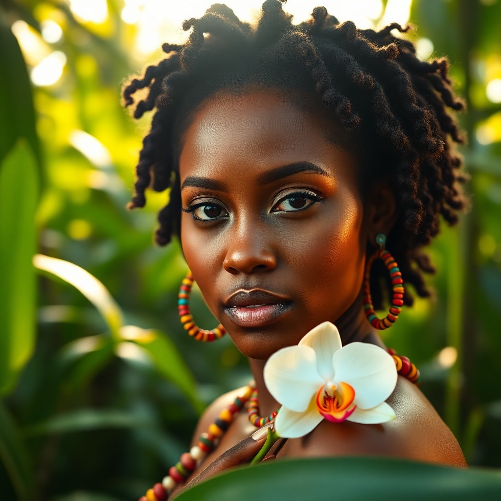 AI generated art for prompt: A photorealistic portrait of an African woman in her mid-thirties showcases warm brown eyes and tigh