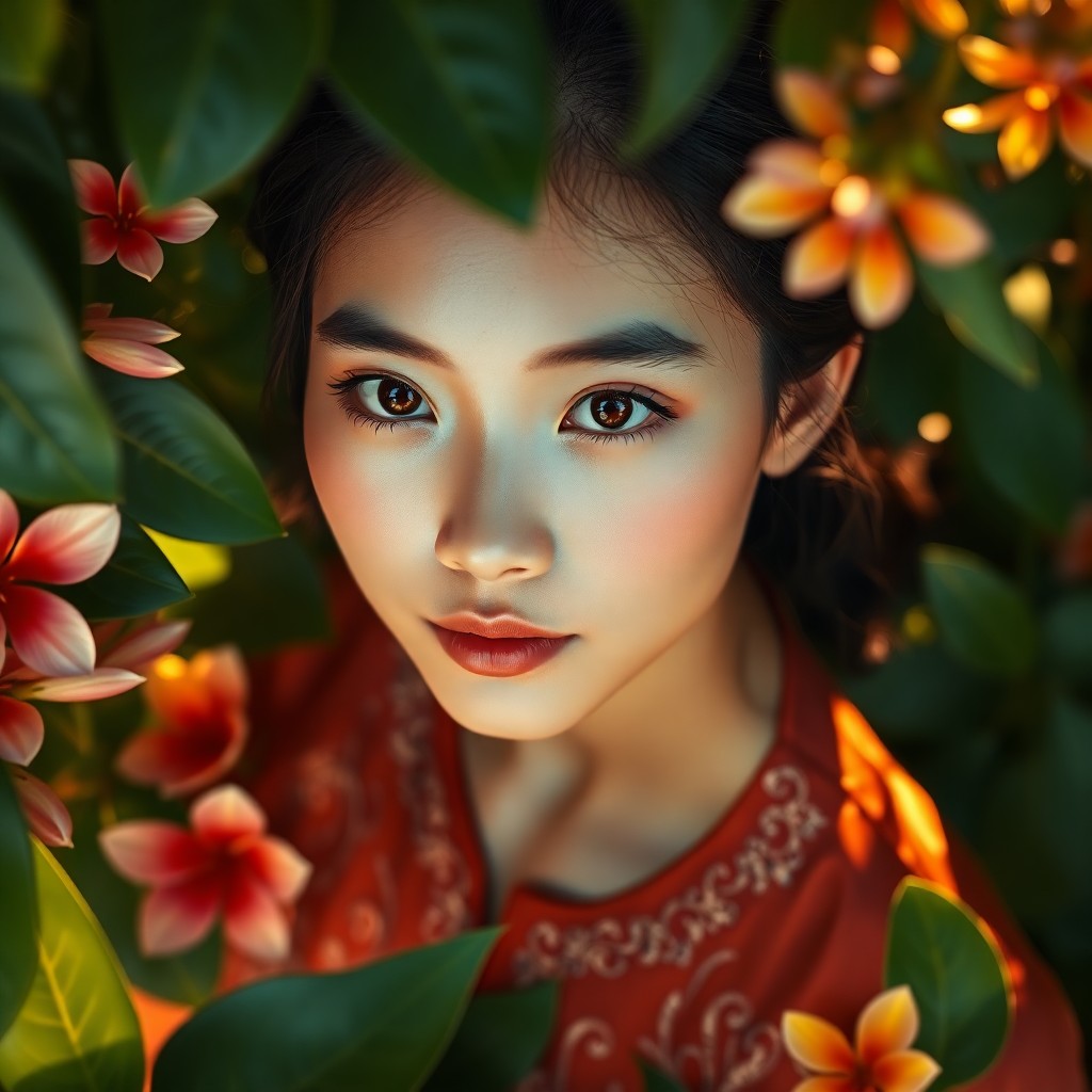 AI generated art for prompt: A photorealistic portrait of a young Southeast Asian woman with delicate features and warm almond ey