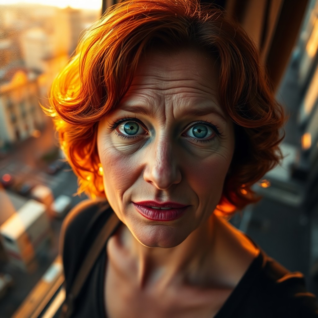 AI generated art for prompt: Craft a photorealistic portrait of a 45-year-old European woman with vibrant green eyes and short fi